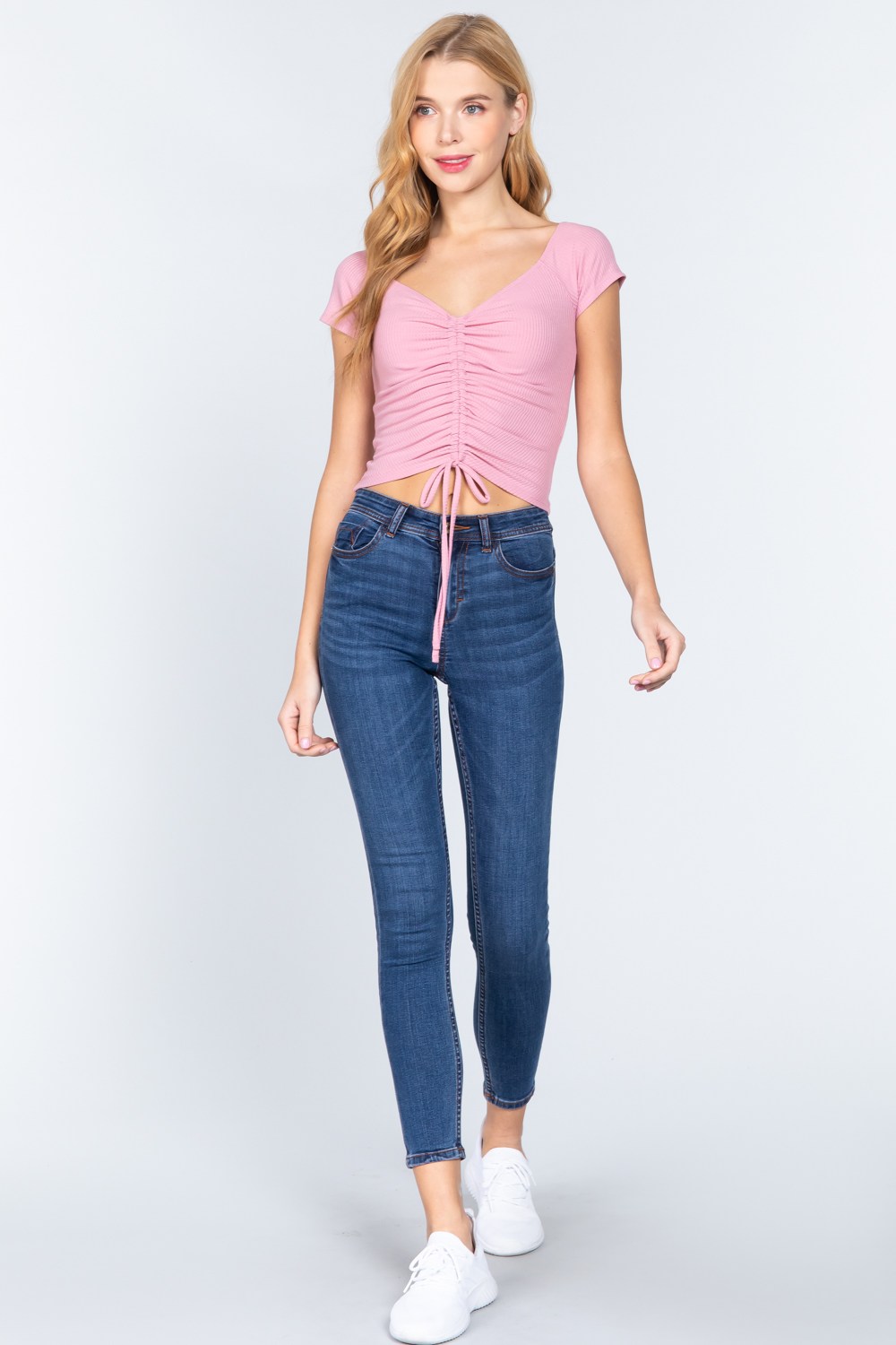 Short Slv Ruched Rib Knit Top - Absolute Fashion 2020