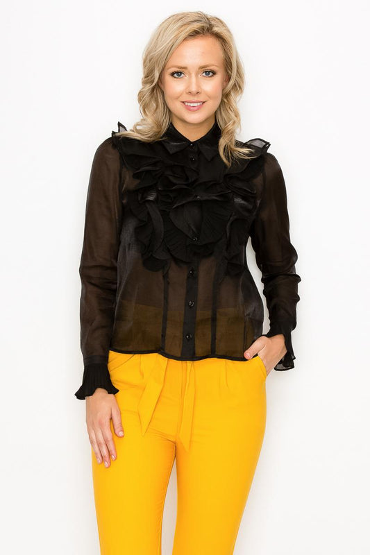 Ruffle Trim Long Sleeve Blouse - Absolute Fashion 2020