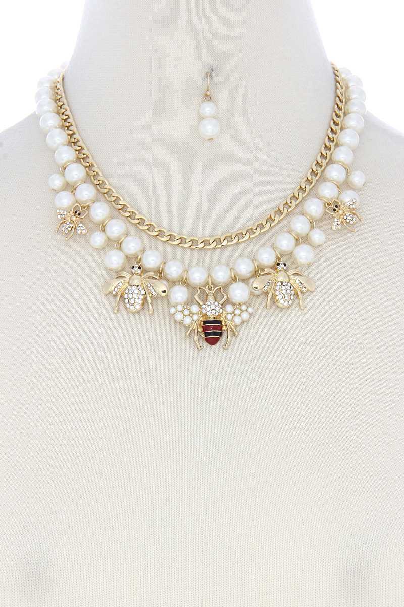 Bee Charm Pearl Bead Cuban Link Layered Necklace - Absolute Fashion 2020