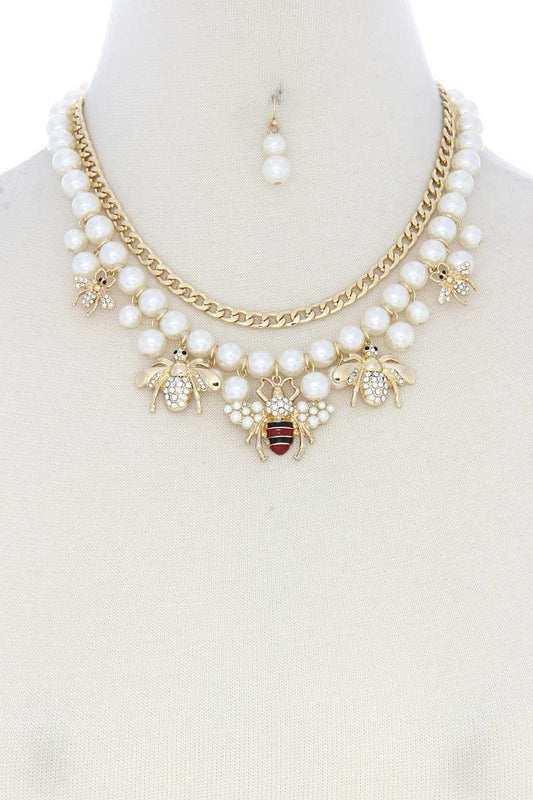 Bee Charm Pearl Bead Cuban Link Layered Necklace - Absolute Fashion 2020