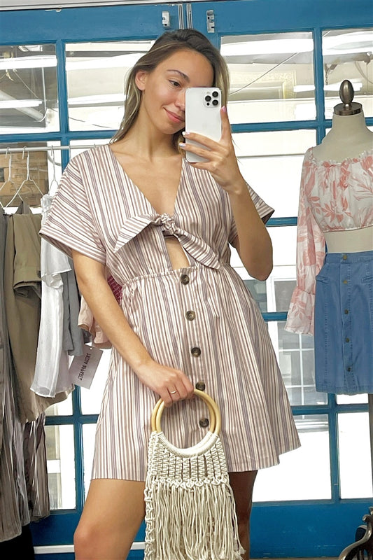 So 90s! Striped Self-tie Front Detail Short Sleeve Button Down Mini Shirt Dress - Absolute Fashion 2020