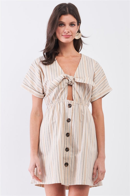 So 90s! Striped Self-tie Front Detail Short Sleeve Button Down Mini Shirt Dress - Absolute Fashion 2020