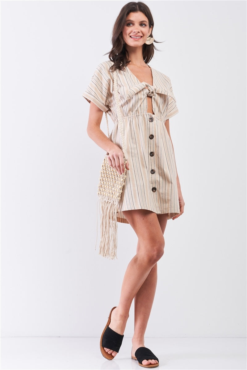So 90s! Striped Self-tie Front Detail Short Sleeve Button Down Mini Shirt Dress - Absolute Fashion 2020