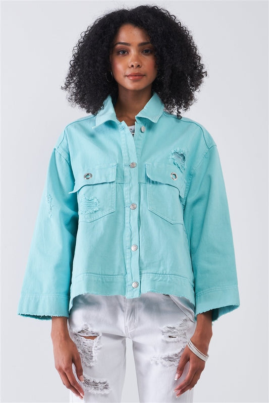 Washed Distressed Button-down Front Raw Hem Detail Wide Sleeve Oversized Denim Jacket - Absolute Fashion 2020