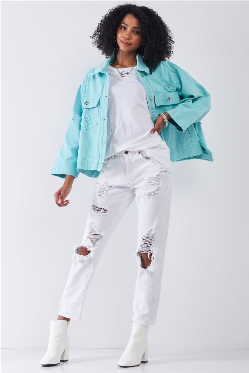 Washed Distressed Button-down Front Raw Hem Detail Wide Sleeve Oversized Denim Jacket - Absolute Fashion 2020