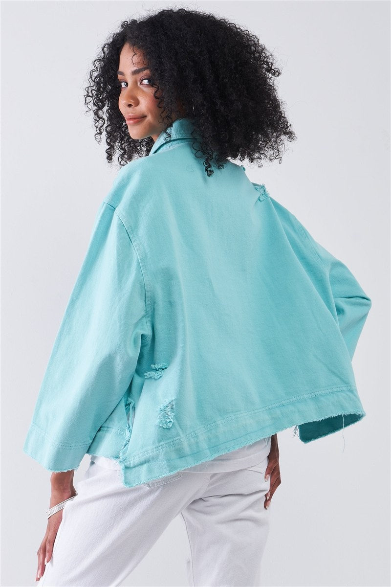Washed Distressed Button-down Front Raw Hem Detail Wide Sleeve Oversized Denim Jacket - Absolute Fashion 2020