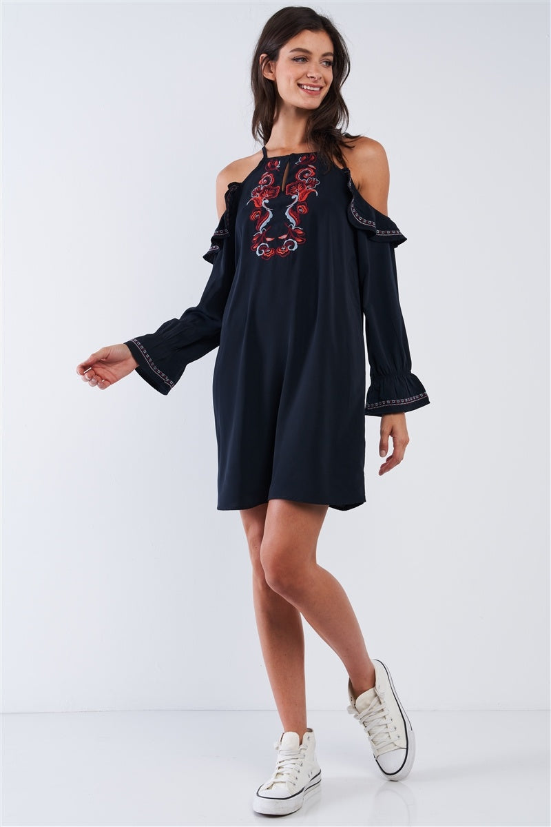Black Boho Multicolor Traditional Slavic Inspired Floral Embroidery Loose Fit Ruffle Off-the-shoulder Long Sleeve Mini Dress - Absolute Fashion 2020