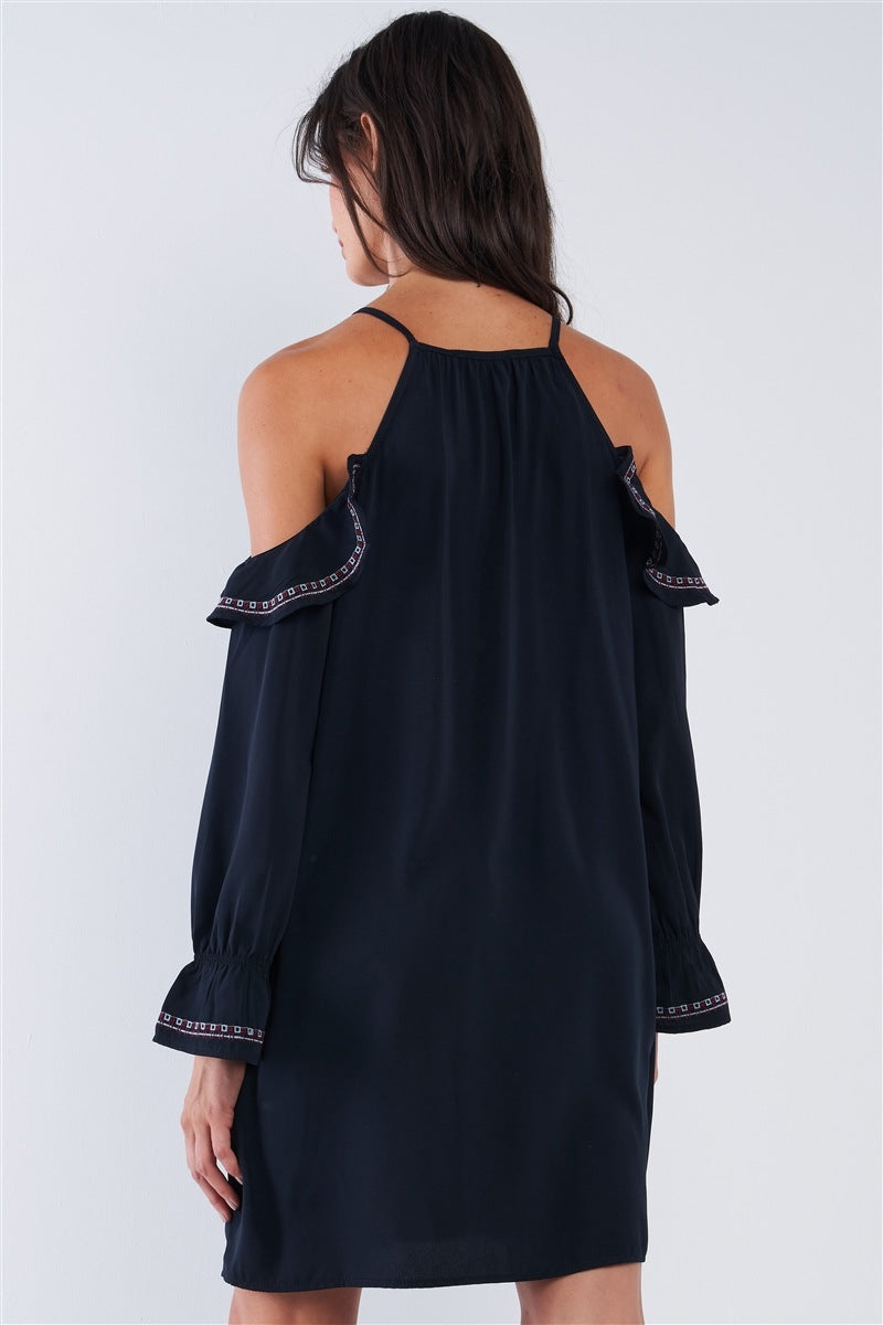 Black Boho Multicolor Traditional Slavic Inspired Floral Embroidery Loose Fit Ruffle Off-the-shoulder Long Sleeve Mini Dress - Absolute Fashion 2020