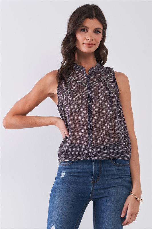 Purple & Multi Sleeveless Mock Neck Front Button Down Sheer Blouse Top - Absolute Fashion 2020