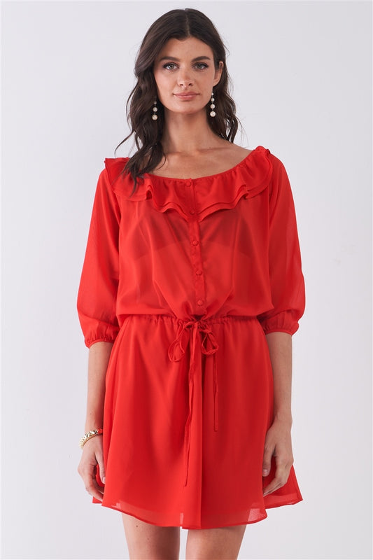 Flame Red Boat Neck Ruffle Collar Midi Sleeve Self-tie Waist Front Button Down Mini Dress - Absolute Fashion 2020