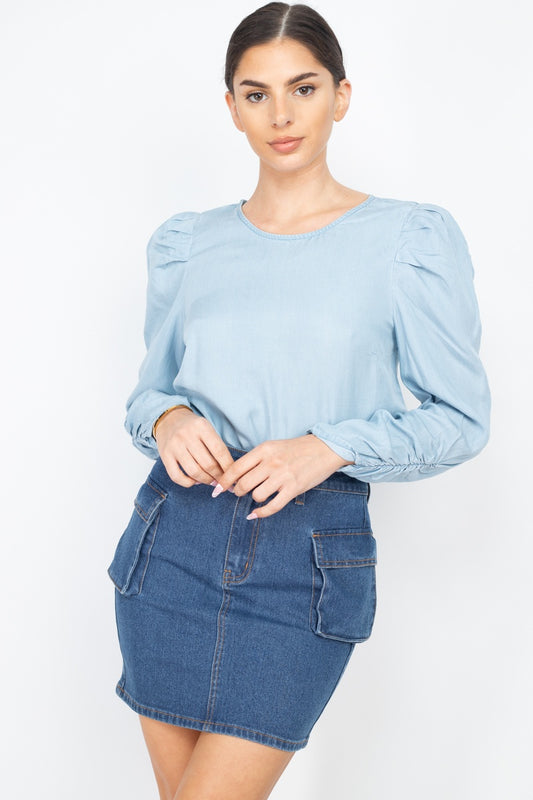Shirring Puff Sleeves Denim Top - Absolute Fashion 2020