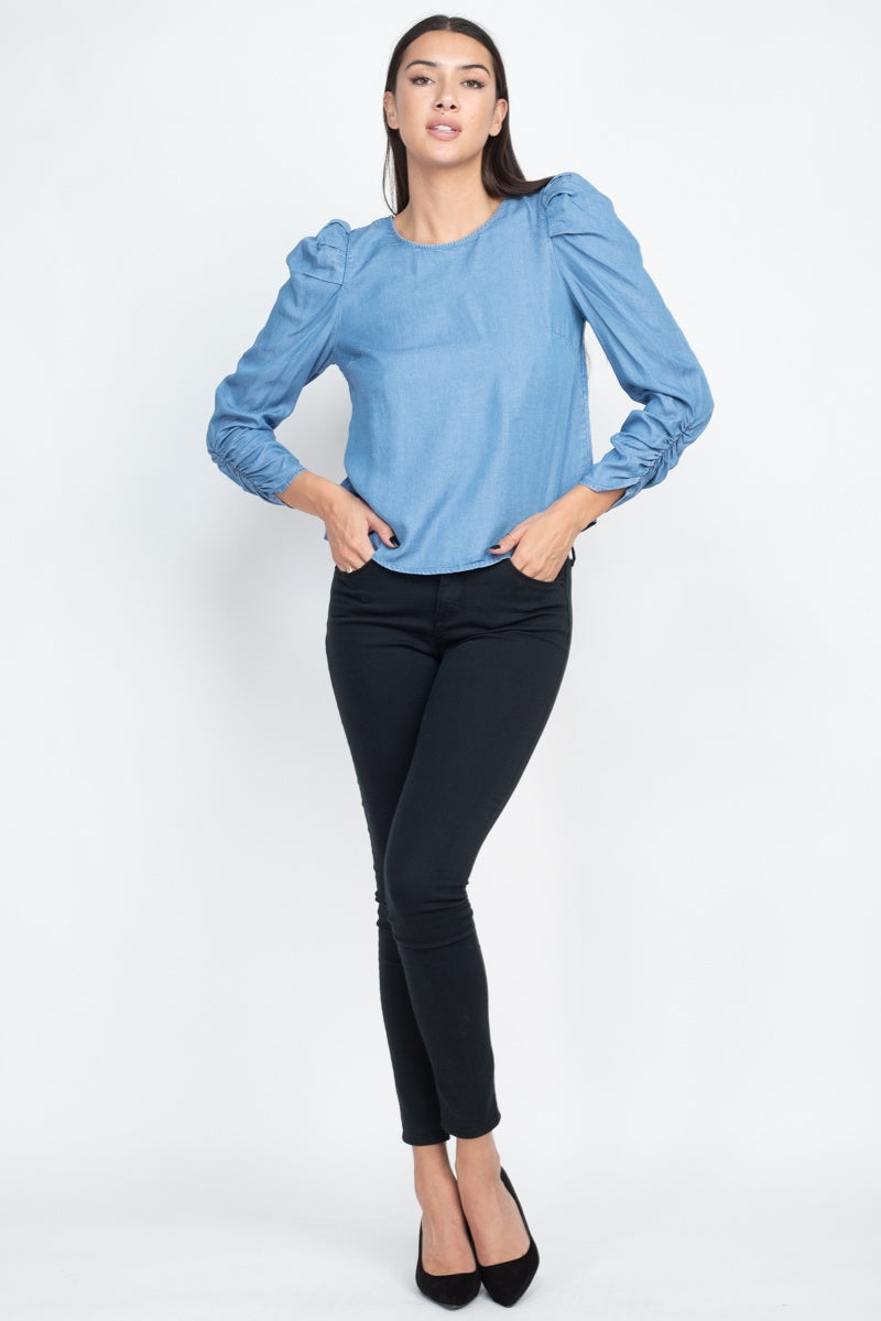 Shirring Puff Sleeves Denim Top - Absolute Fashion 2020
