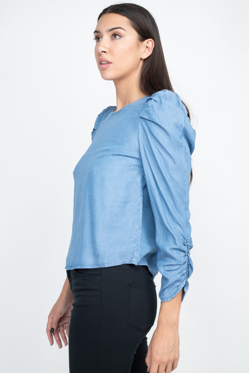 Shirring Puff Sleeves Denim Top - Absolute Fashion 2020