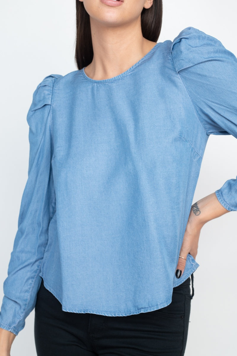 Shirring Puff Sleeves Denim Top - Absolute Fashion 2020