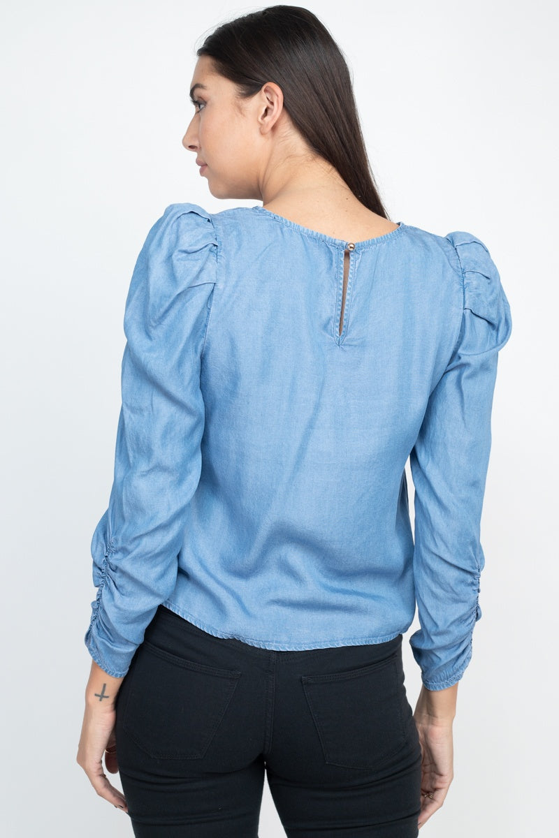 Shirring Puff Sleeves Denim Top - Absolute Fashion 2020