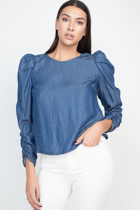 Shirring Puff Sleeves Denim Top - Absolute Fashion 2020