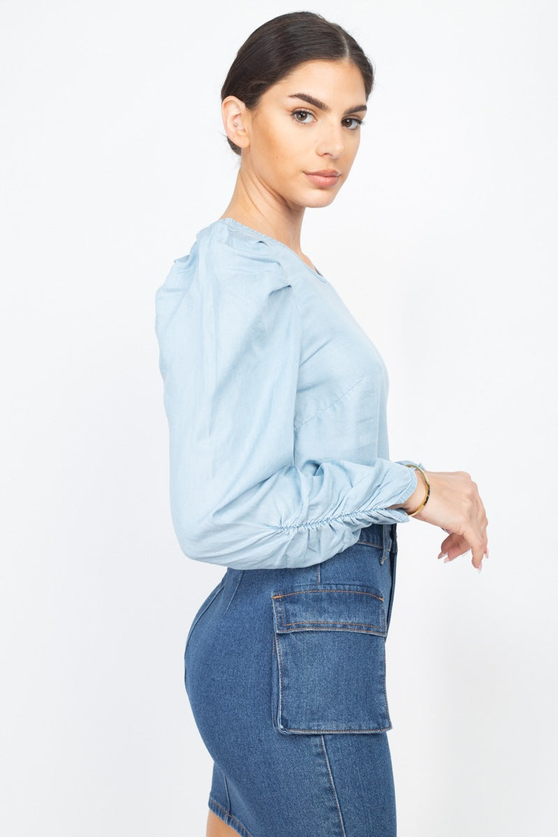 Shirring Puff Sleeves Denim Top - Absolute Fashion 2020