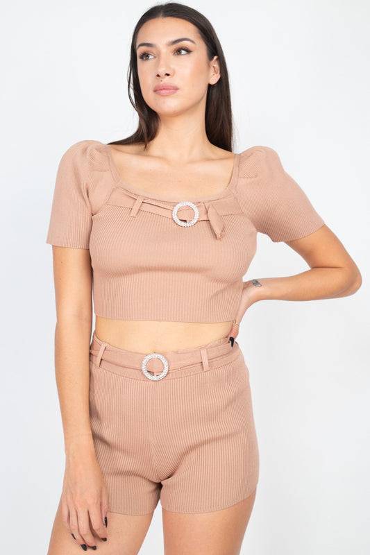 Scoop Neck Crop Top And Ribbed Shorts - Absolute Fashion 2020