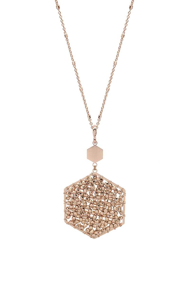 Fashion Glass Bead Hexagon Pendant Long Necklace - Absolute Fashion 2020