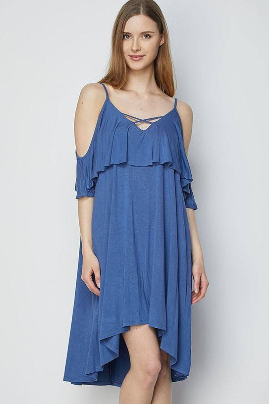 Solid Strappy Detail Cold Shoulder Ruffle Dress - Absolute Fashion 2020