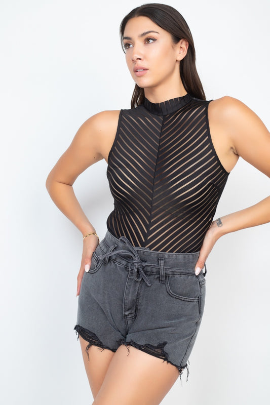Stripe Mesh Mock Neck Bodysuit - Absolute Fashion 2020