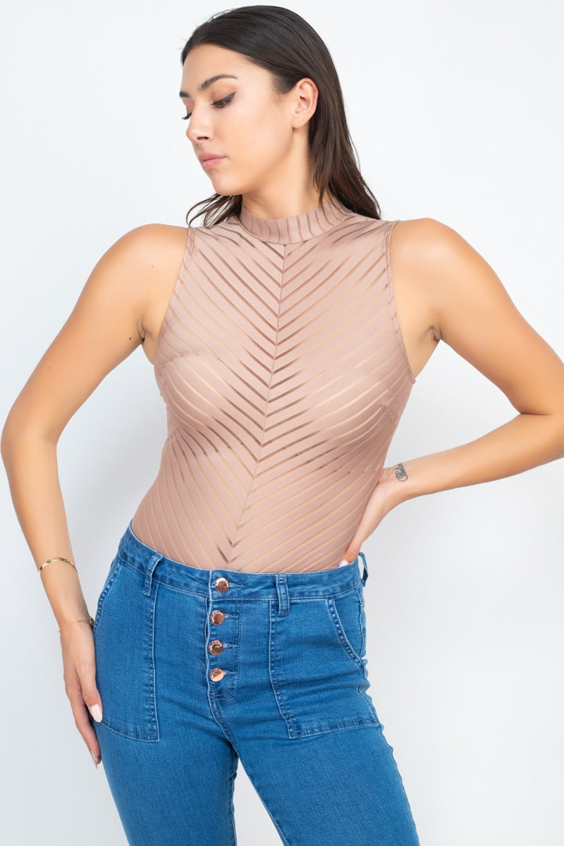 Stripe Mesh Mock Neck Bodysuit - Absolute Fashion 2020