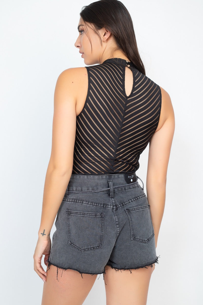 Stripe Mesh Mock Neck Bodysuit - Absolute Fashion 2020