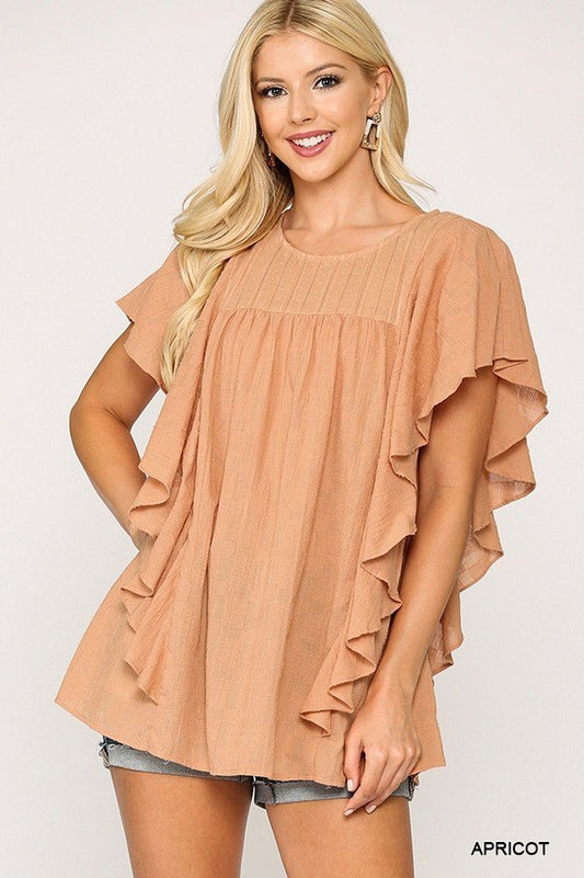 Textured Ruffle Sleeve Tunic Top With Back Keyhole - Absolute Fashion 2020