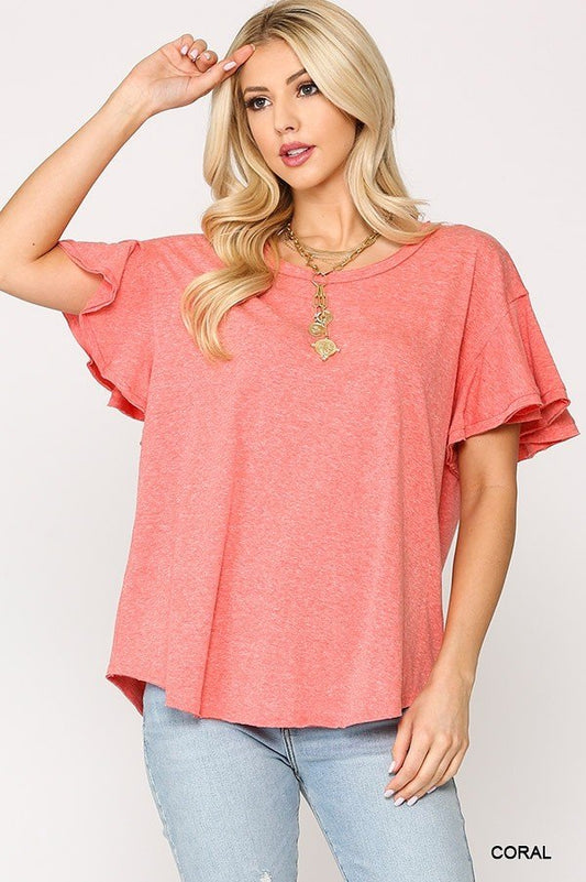 Solid Round Neck Frill Sleeve Top With Scoop Hem - Absolute Fashion 2020