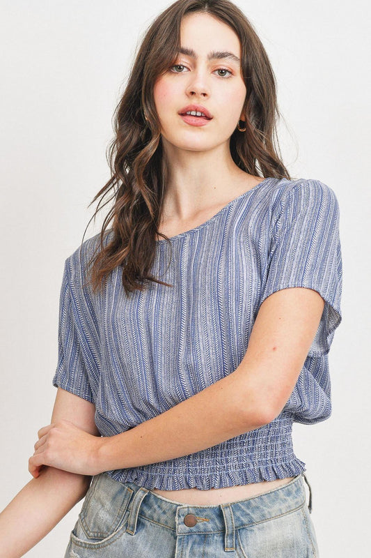 Woven Printed Crinkle Gauze Waist Smocking Short Sleeve Top - Absolute Fashion 2020