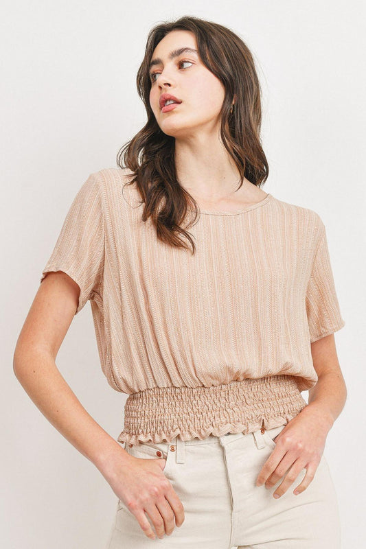 Woven Printed Crinkle Gauze Waist Smocking Short Sleeve Top - Absolute Fashion 2020