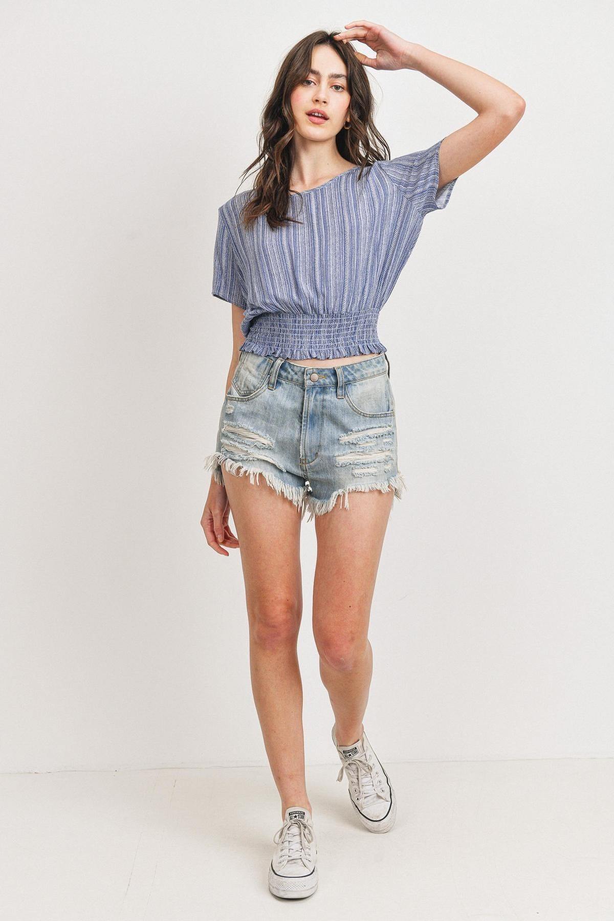 Woven Printed Crinkle Gauze Waist Smocking Short Sleeve Top - Absolute Fashion 2020