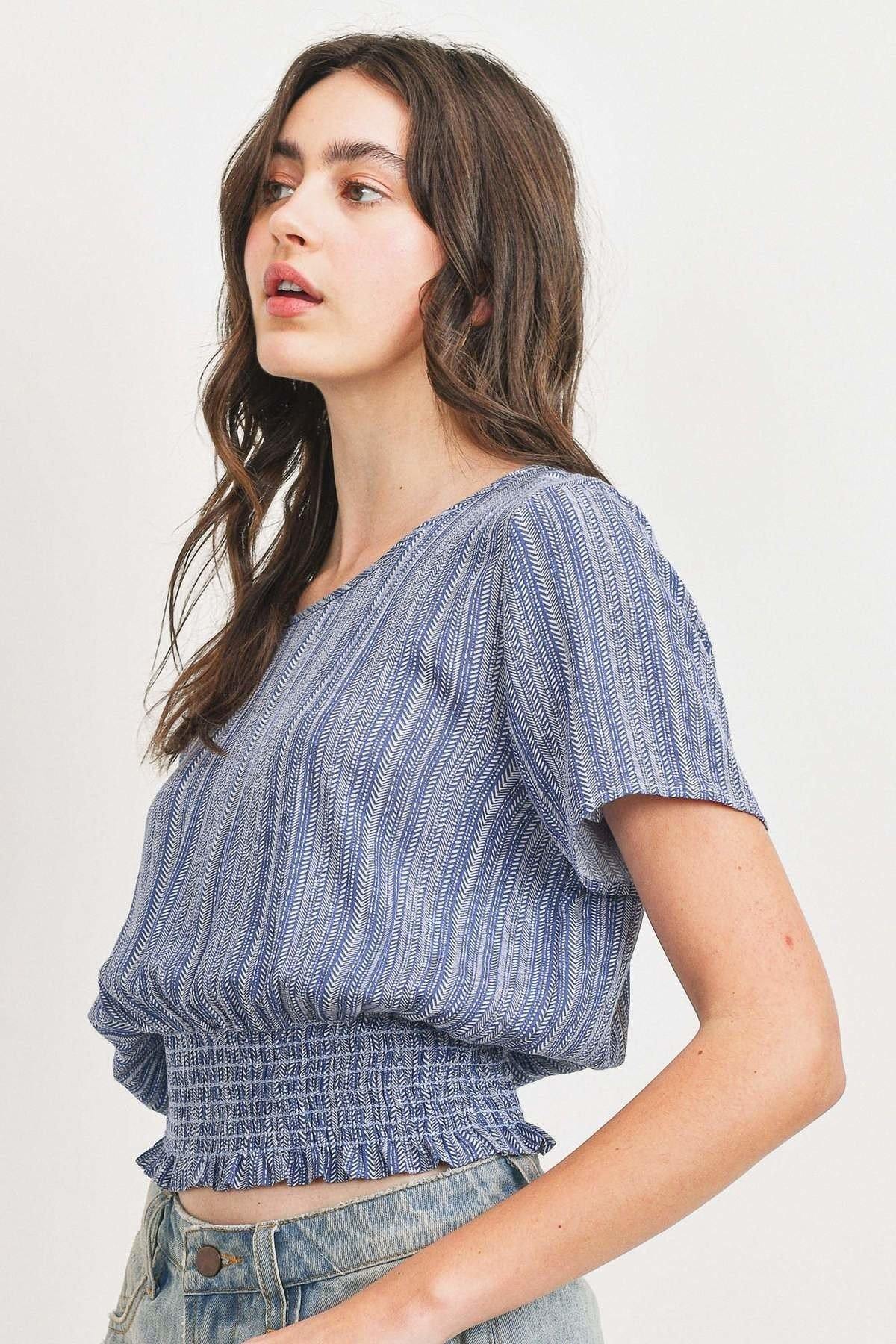 Woven Printed Crinkle Gauze Waist Smocking Short Sleeve Top - Absolute Fashion 2020