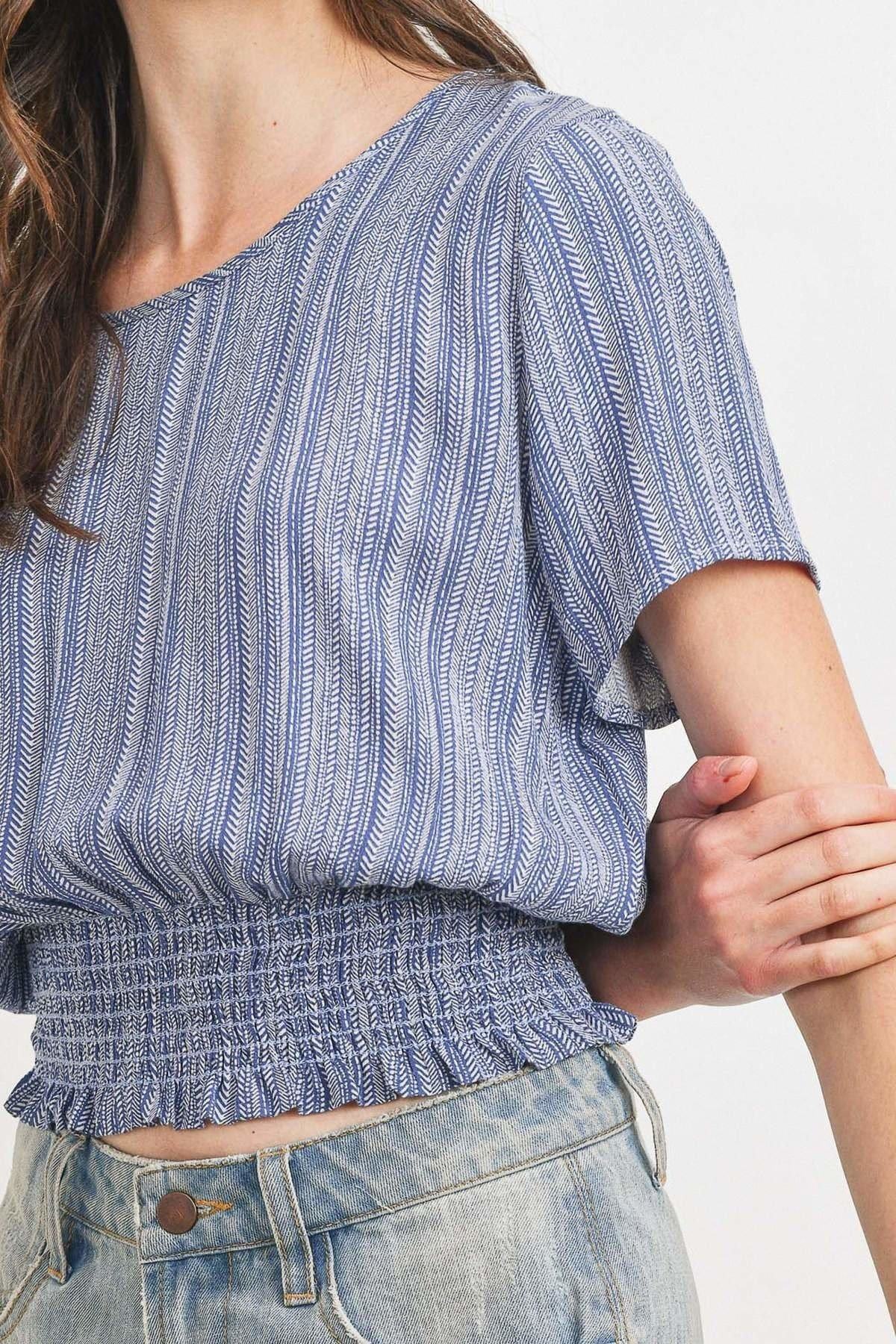 Woven Printed Crinkle Gauze Waist Smocking Short Sleeve Top - Absolute Fashion 2020
