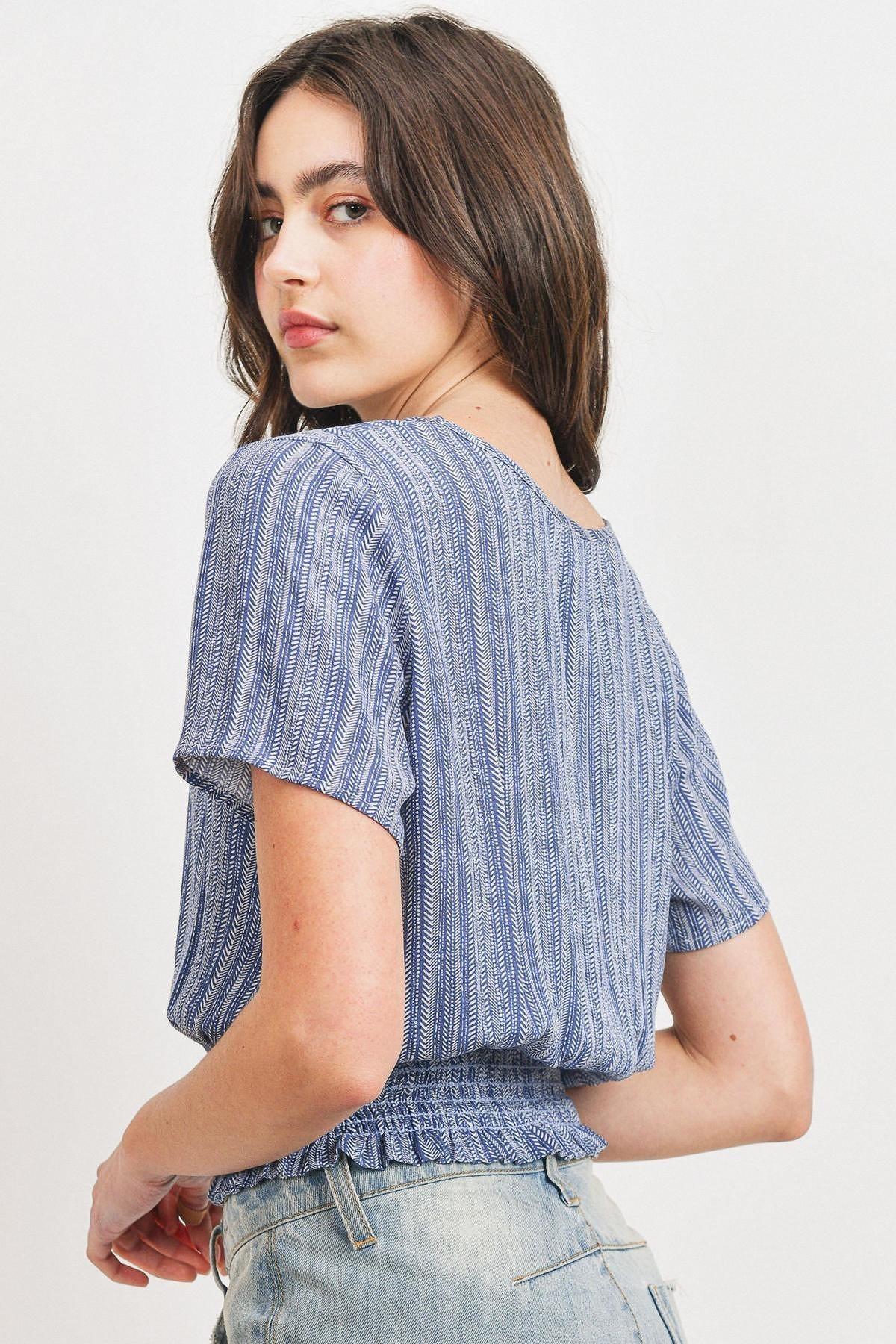 Woven Printed Crinkle Gauze Waist Smocking Short Sleeve Top - Absolute Fashion 2020