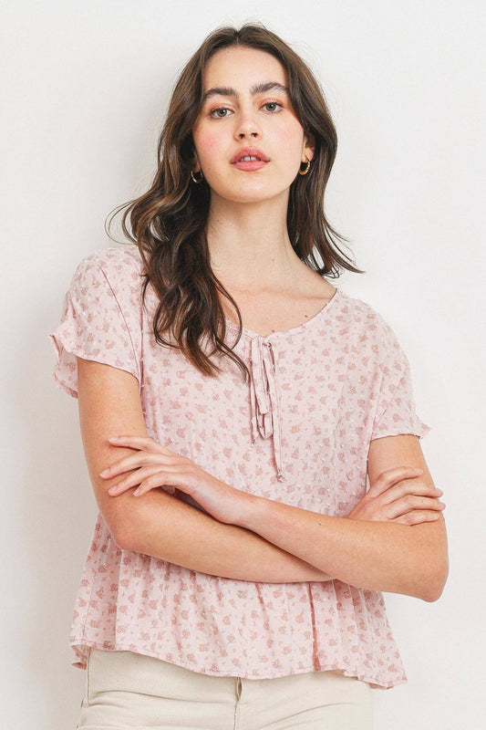 Printed Woven Front Tied Neck Flounce Short Sleeve Top - Absolute Fashion 2020