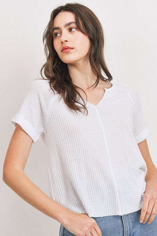 Waffle Raw Edge V-neck Rolled Up Short Sleeves Top - Absolute Fashion 2020
