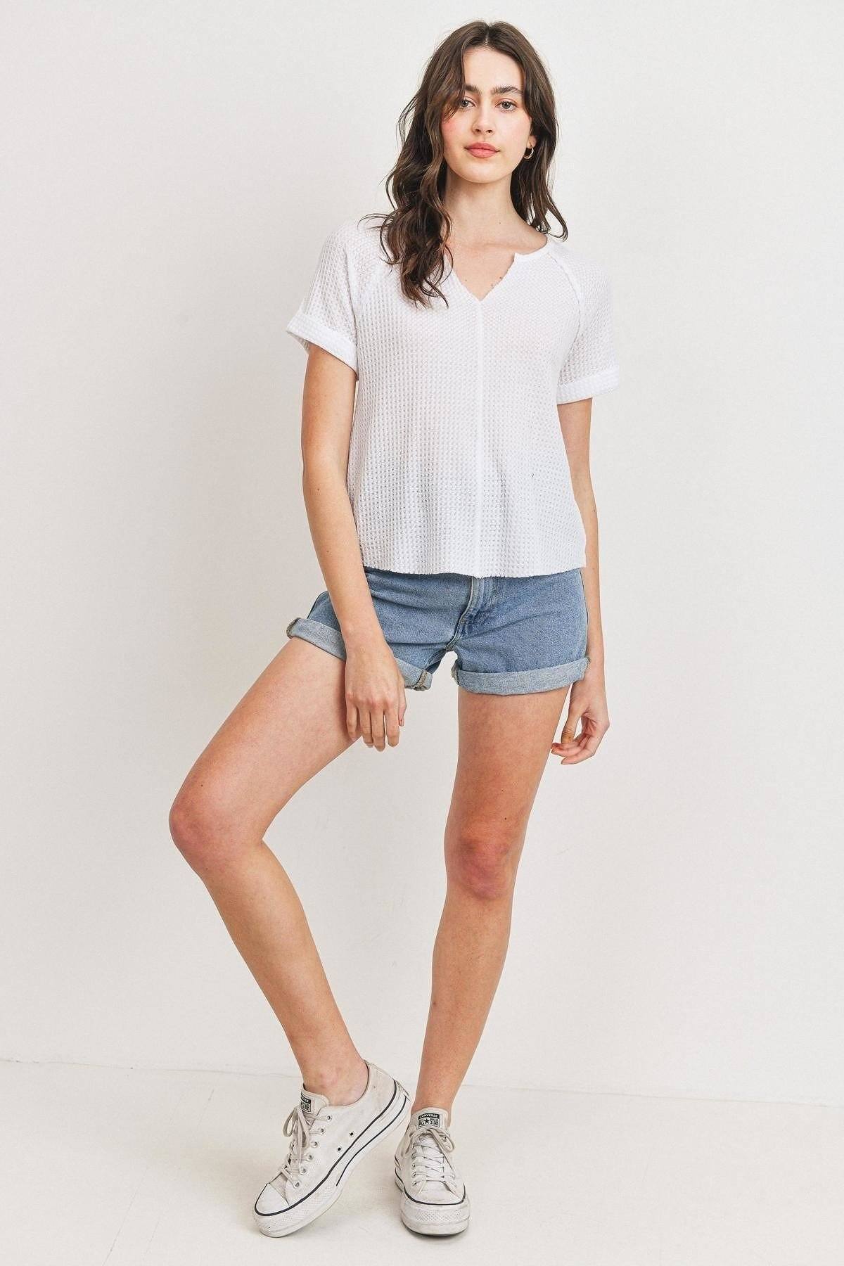 Waffle Raw Edge V-neck Rolled Up Short Sleeves Top - Absolute Fashion 2020