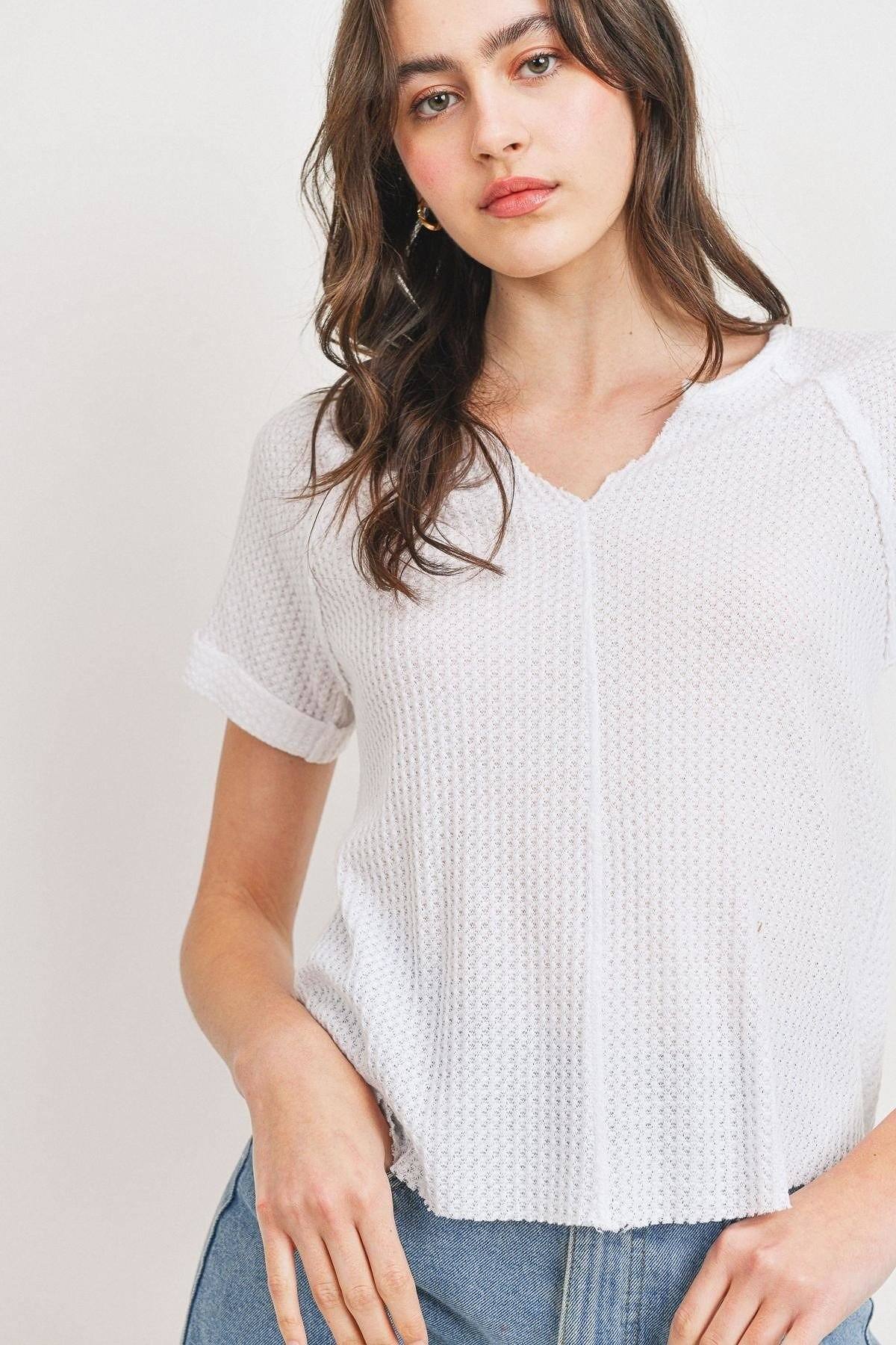Waffle Raw Edge V-neck Rolled Up Short Sleeves Top - Absolute Fashion 2020