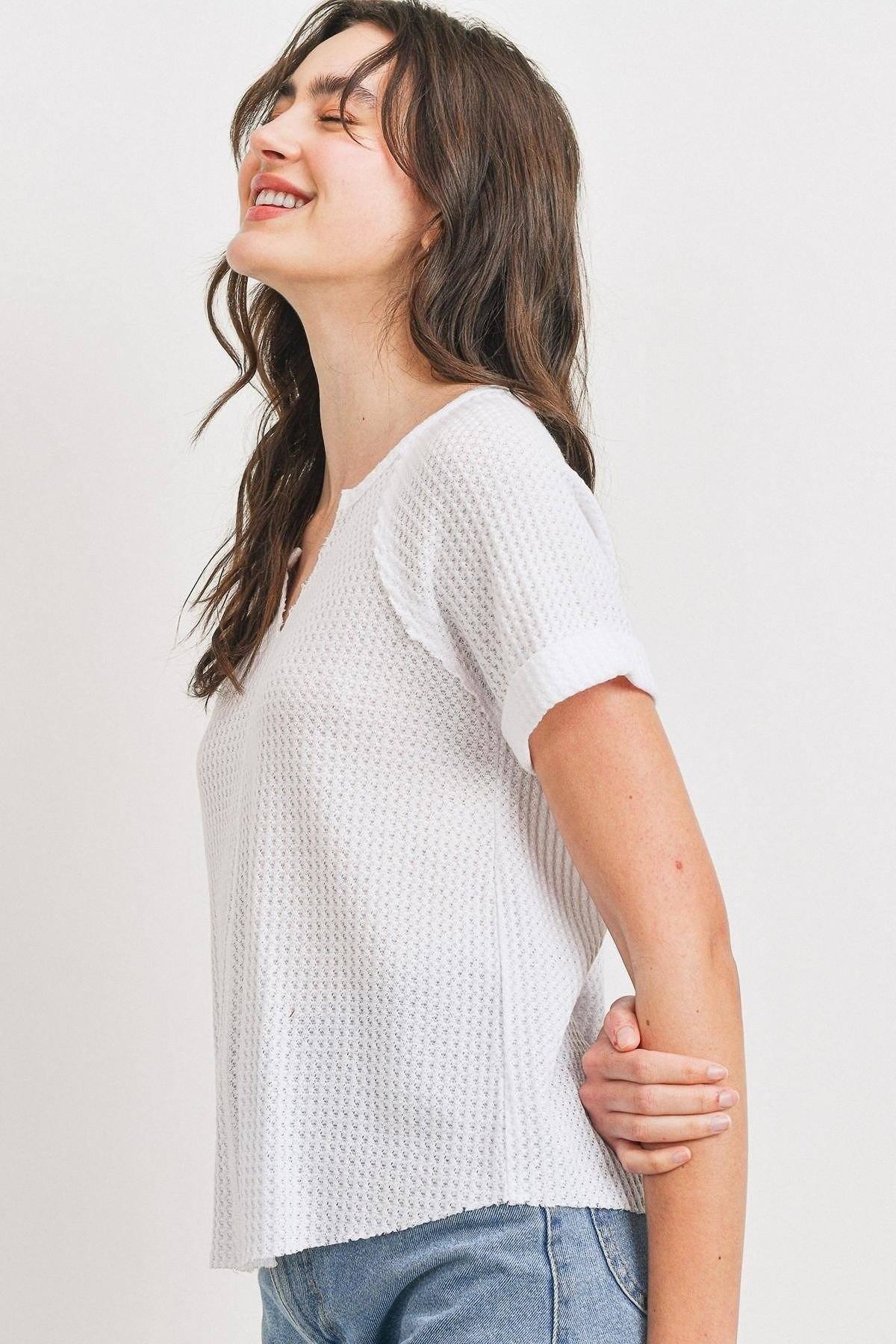Waffle Raw Edge V-neck Rolled Up Short Sleeves Top - Absolute Fashion 2020