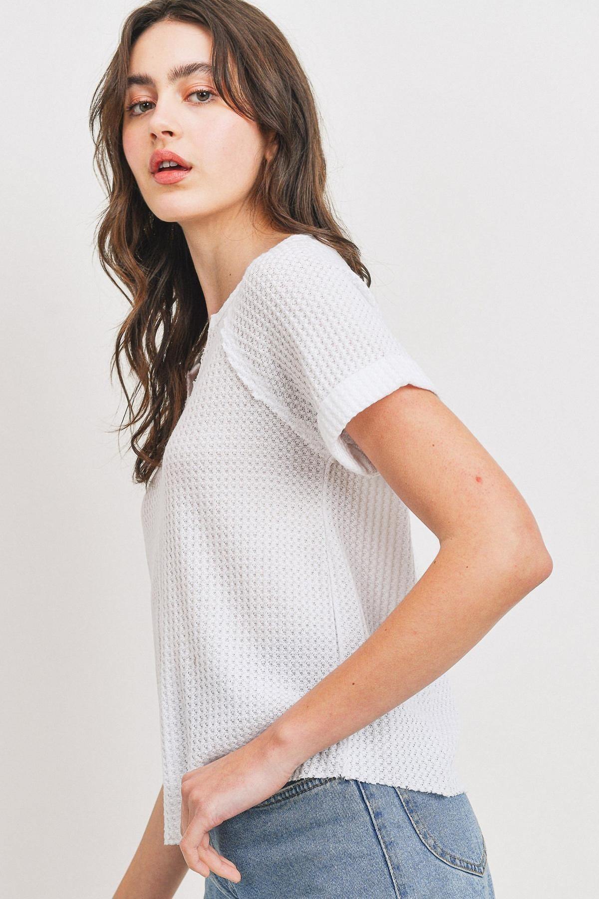 Waffle Raw Edge V-neck Rolled Up Short Sleeves Top - Absolute Fashion 2020
