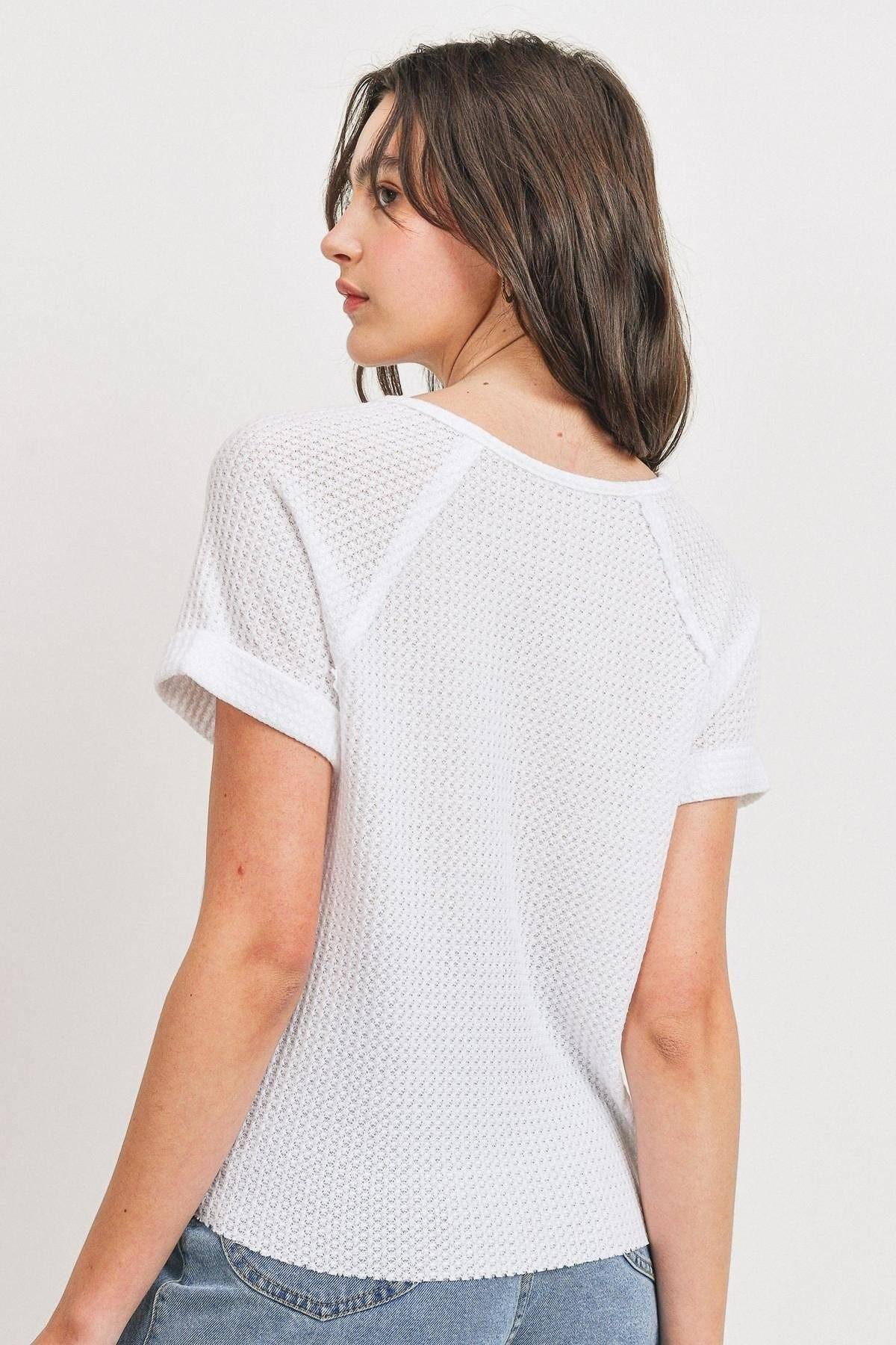 Waffle Raw Edge V-neck Rolled Up Short Sleeves Top - Absolute Fashion 2020