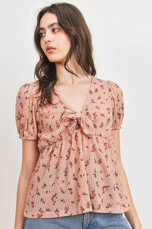 Front Tie Floral Waffle Top - Absolute Fashion 2020