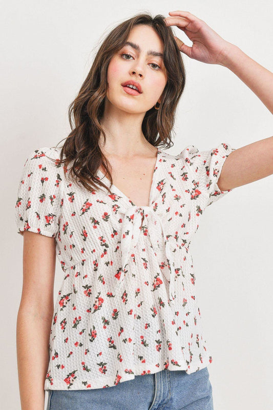 Front Tie Floral Waffle Top - Absolute Fashion 2020