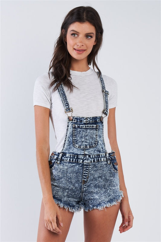 Denim Acid Washed Fringed Mini Short Overall - Absolute Fashion 2020