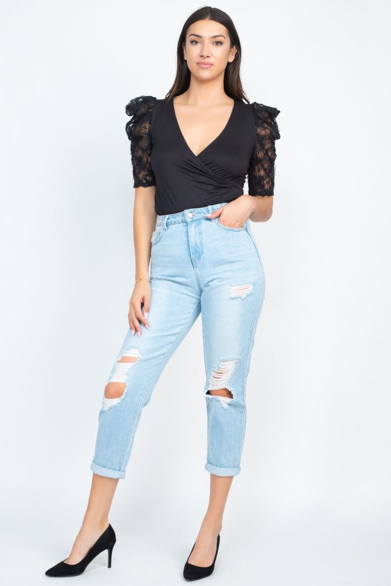 Lace-trim Puff Sleeves Bodysuit - Absolute Fashion 2020
