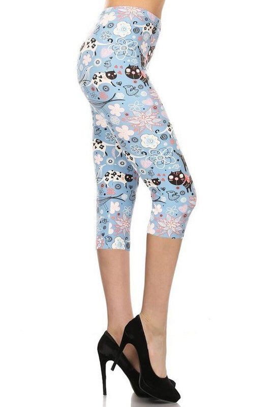 Cats And Flowers Printed, High Waisted Capri Leggings - Absolute Fashion 2020