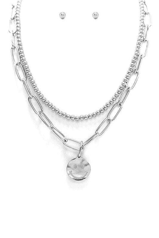 Smiley Chain Link Bead Necklace And Earring Set - Absolute Fashion 2020