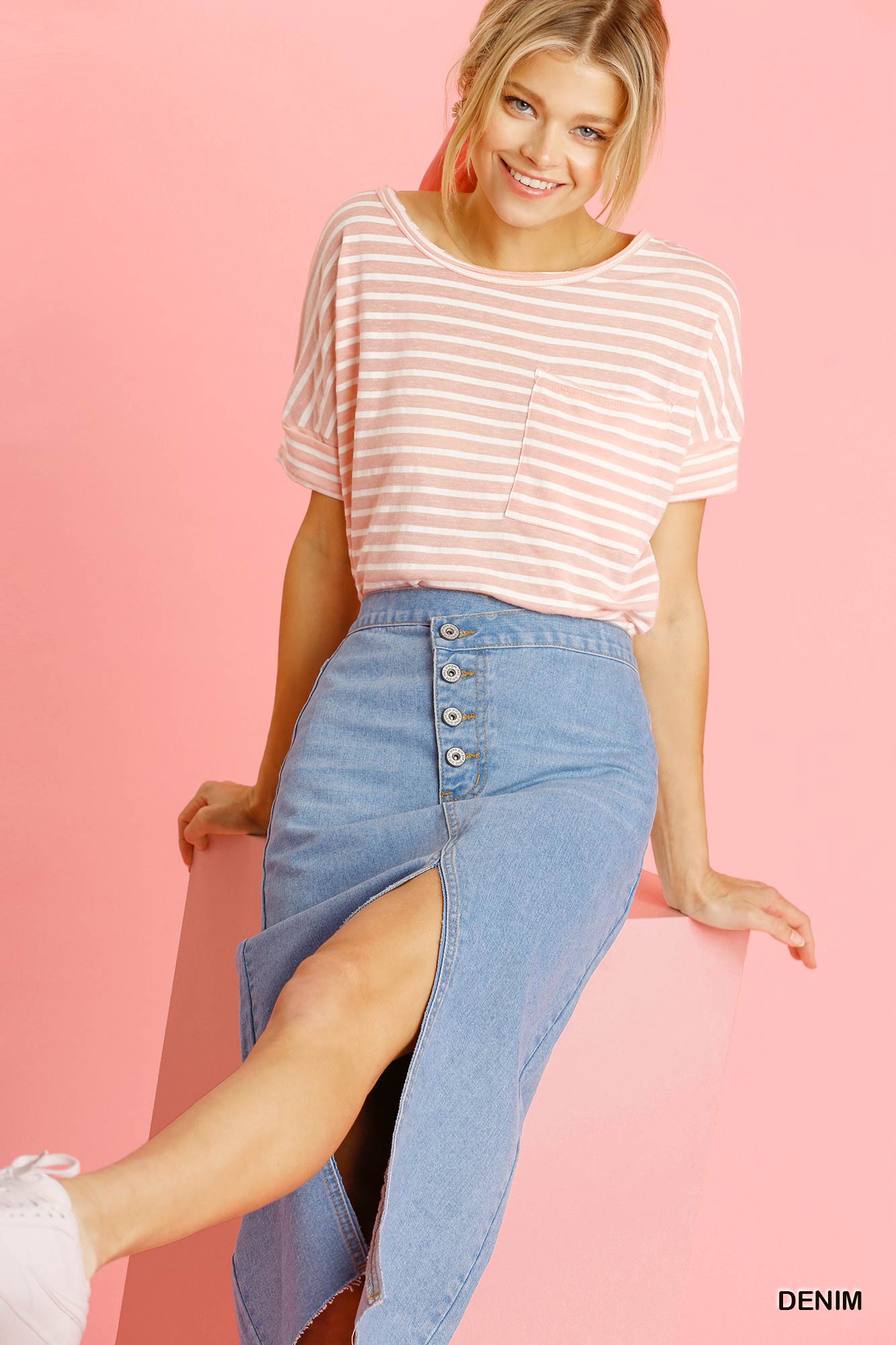Asymmetrical Waist And Button Up Front Split Denim Skirt With Back Pockets And Unfinished Hem - Absolute Fashion 2020