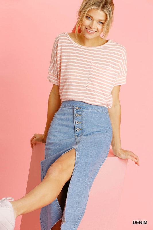 Asymmetrical Waist And Button Up Front Split Denim Skirt With Back Pockets And Unfinished Hem - Absolute Fashion 2020